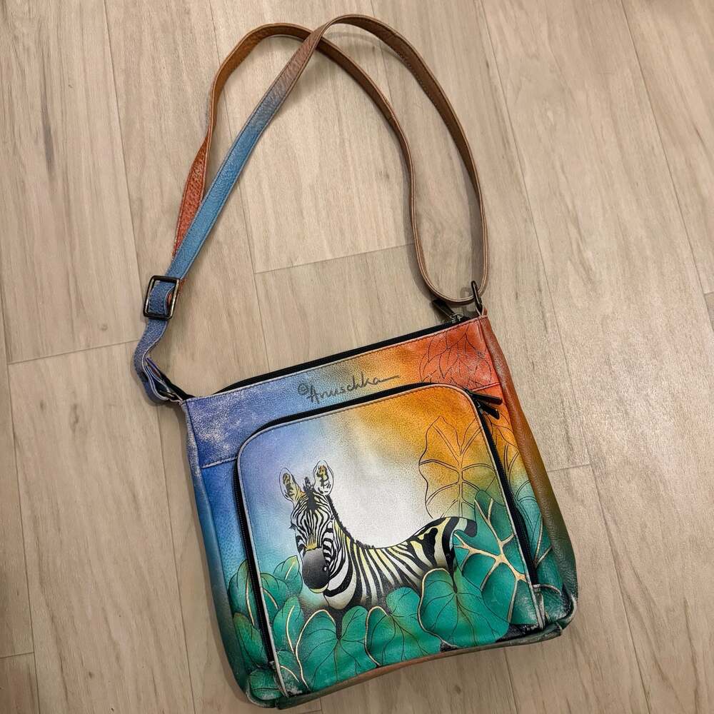 Anuschka Hand-Painted Leather Zebra Crossbody Bag Colorful Safari Purse